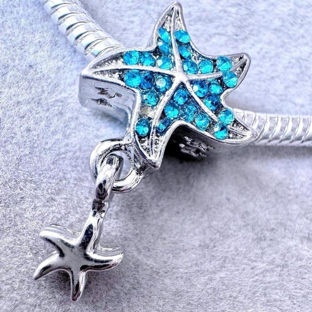 Blue Rhinestone Starfish Dangle Charm fits PANDORA